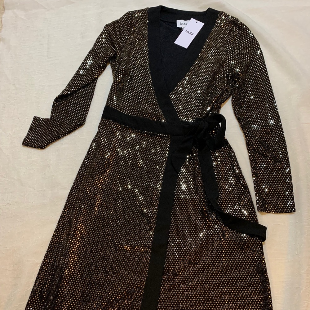Kara wrap dress in gold sequin.